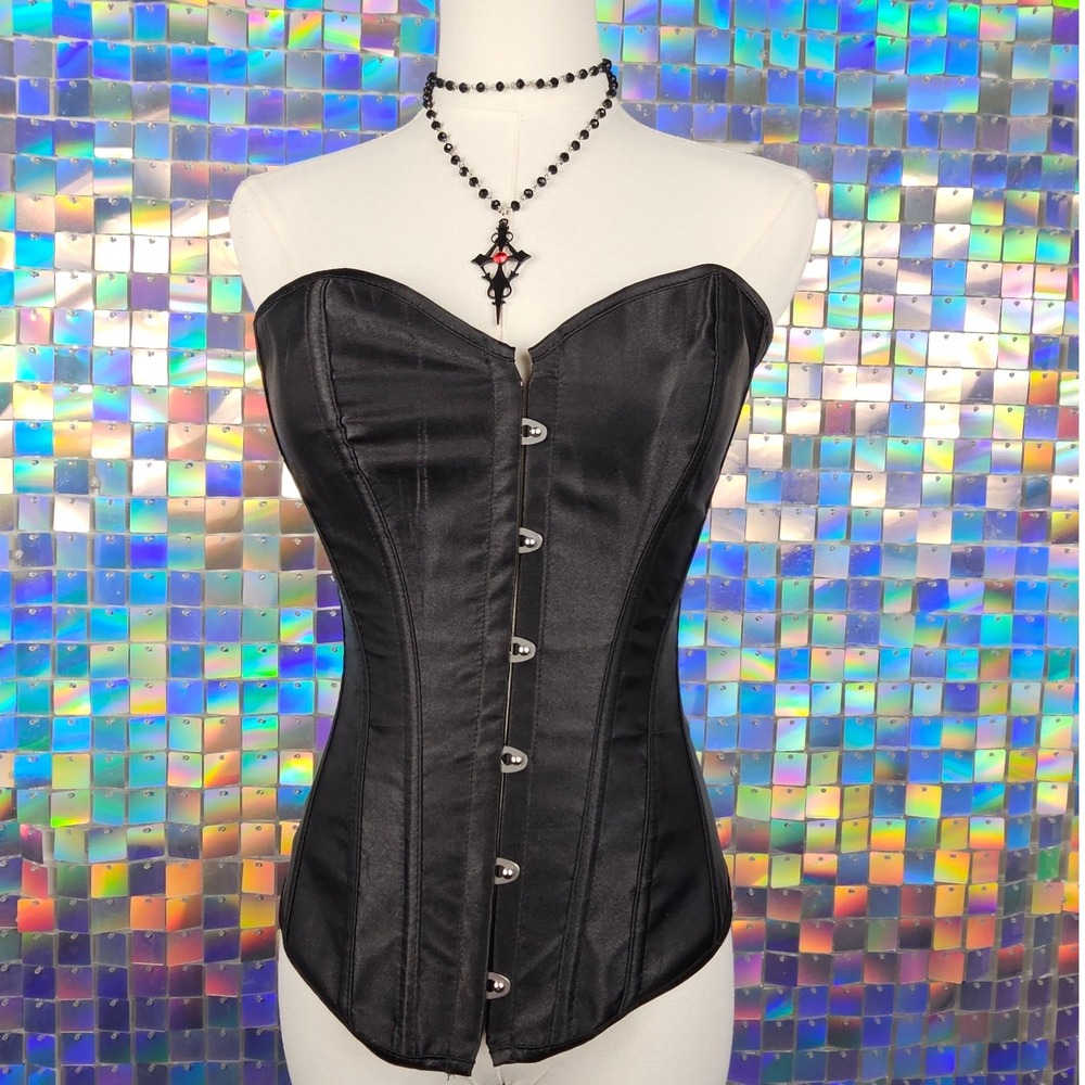 Satin Corset Top Women S Black Excellent Lace Up Busk Boned Goth